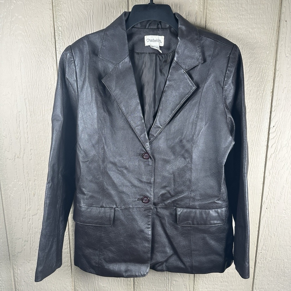 Chadwicks Genuine Leather Jacket Blazer Womens 14 Chocolate Brown 2 Button Fall
